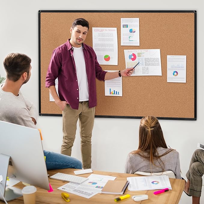 Board2by Extra Large Cork Bulletin Board 60" X 36", Black Aluminum Framed 5'x3' Corkboard for Wall, Wall Mounted Notice Pin Board with 18 Push Pins for School, Home & Office