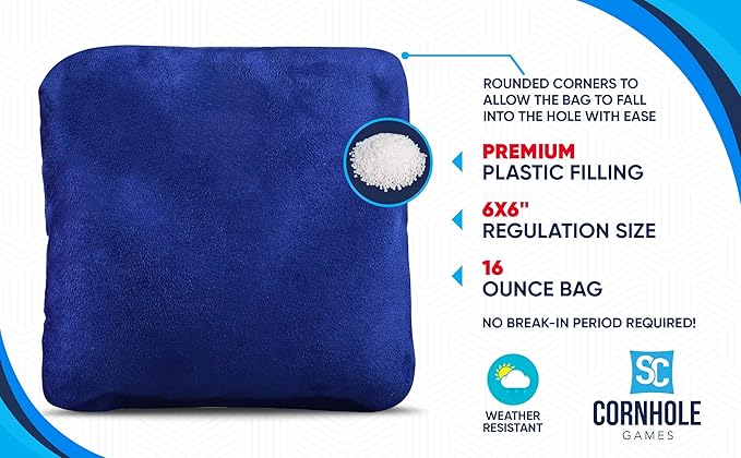 Professional Dual Sided Cornhole Bags- 16 oz 6x6 w/Premium Resin Fill - Official Tournament Slide/Stick Pro Bean Bags - Regulation/Approved