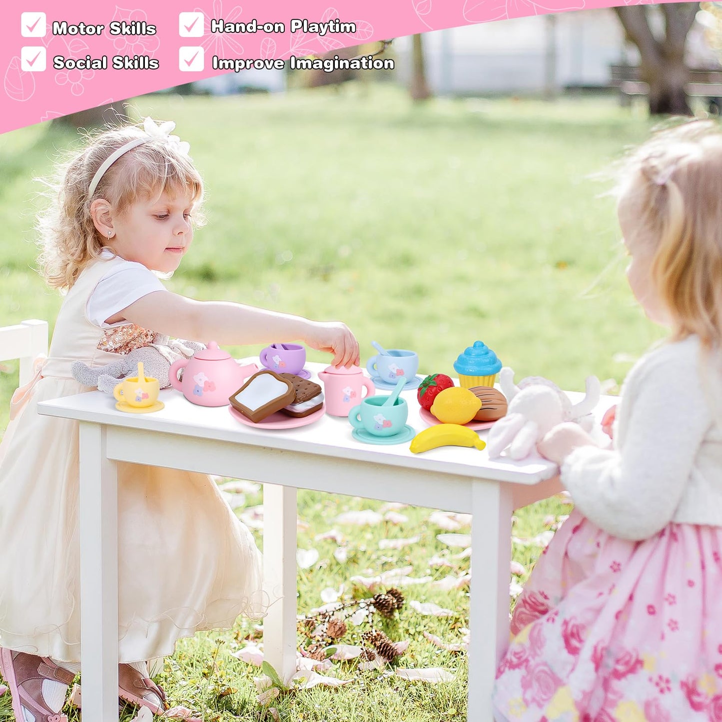 Silicone Tea Party Set for Little Girls,PRE-WORLD 27PCS Toys Toddler Tea Set with Play Food Dessert Cookies,Doughnut,Cake,Carrying Bag,Kids Kitchen Pretend Role Gifts for Girls Boys Age 3 4 5 6