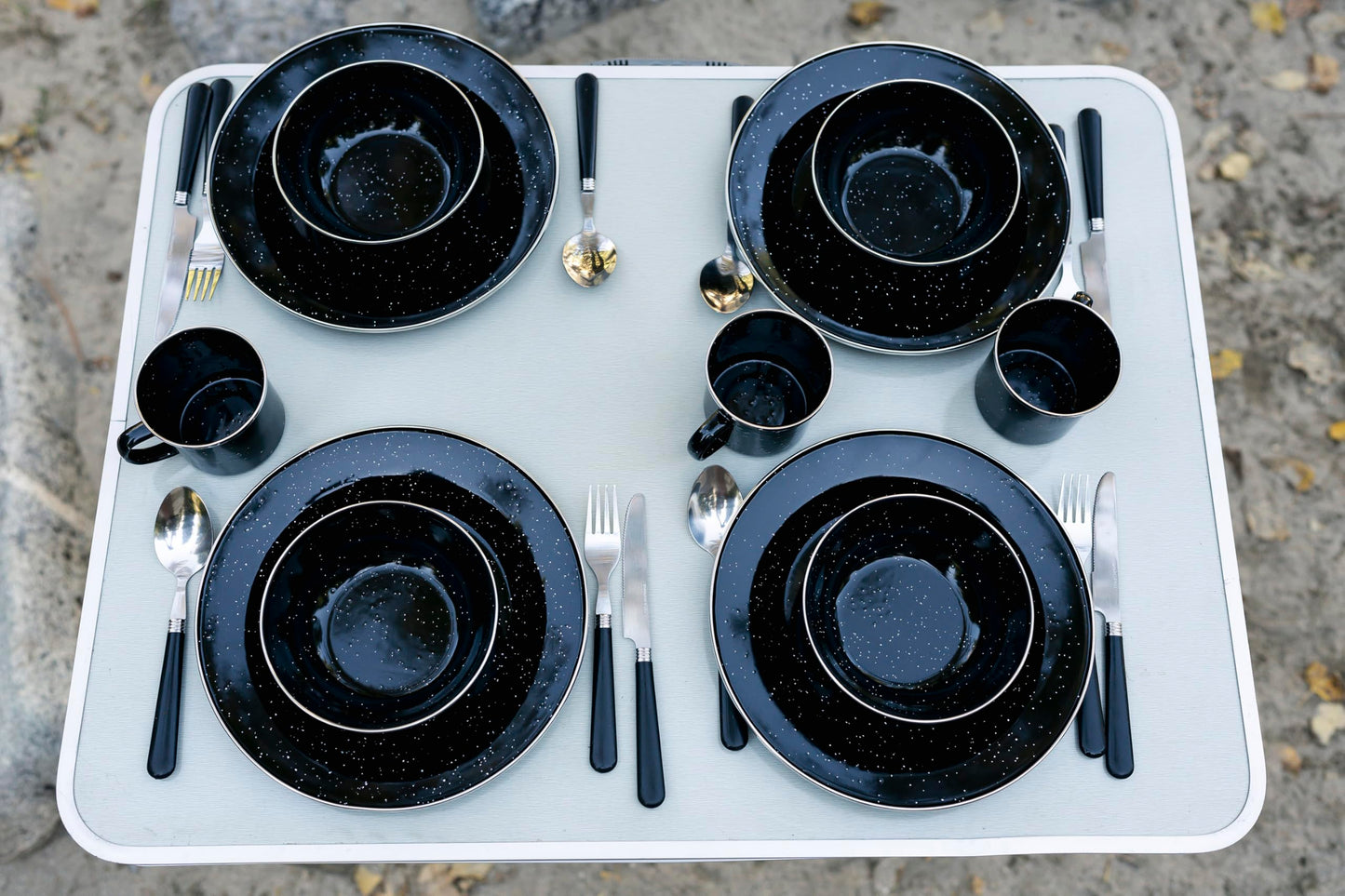 Stansport Deluxe 24-Piece Enamel Tableware Set - Black (11220-20) - Enamel Plates and Bowls Lightweight and Durable Camp Dish Set for Camping and Backpacking Plates and Bowls for 4 People