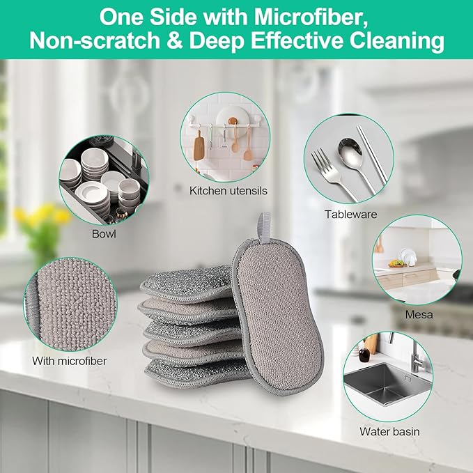 Upgrated Dual-Sided Sponges Kitchen, 6 Pack Microfiber Non Scratch Dish Scrub Sponge, All Purpose Dish Washing Scrubber for Cleaning Dishes, Kitchen, Pots, Pans, Sink & Household