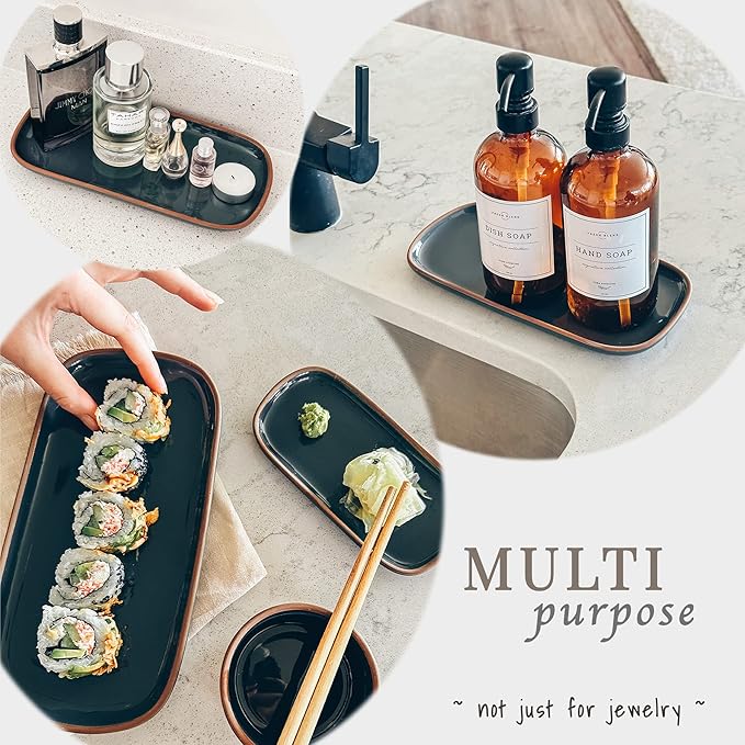 Mora Ceramic Decorative Tray - Rectangle 10in Dish for Jewelry, Soap Dispenser, Perfume, Makeup, Accessories, Candle, in The Bathroom Vanity, Bedside, or Kitchen Counter. Cute Organizers - Black