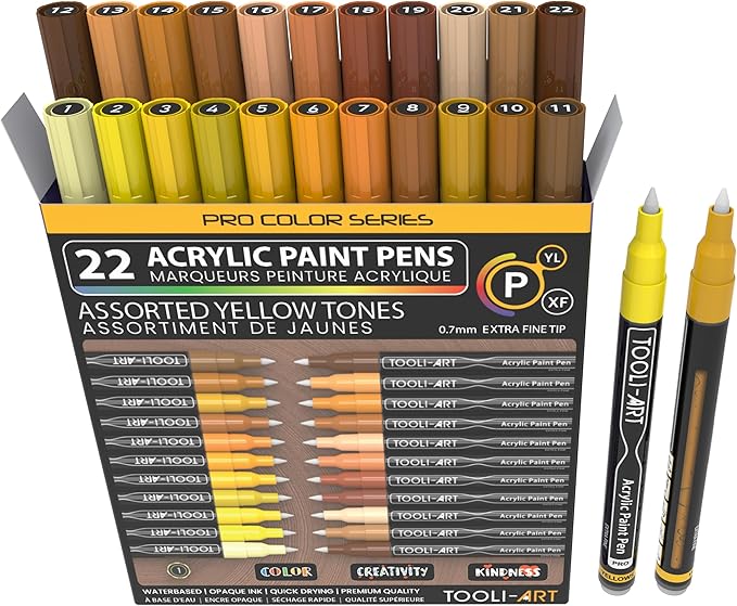 Acrylic Paint Pens 22 Yellow & Brown Tones Assorted Pro Color Series Markers Set 0.7mm Extra Fine Tip for Rock Painting, Glass, Mugs, Wood, Metal, Canvas, Projects, Non Toxic, Waterbased, Quick Drying