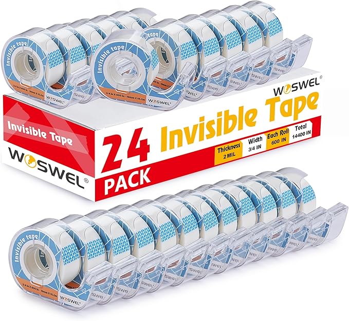 Tape Refills with Dispenser, 24 Roll Invisible Tapes, 3/4 Inch X 600 in, Gift Wrapping Tapes Back to School Supplier for Home School Office Use