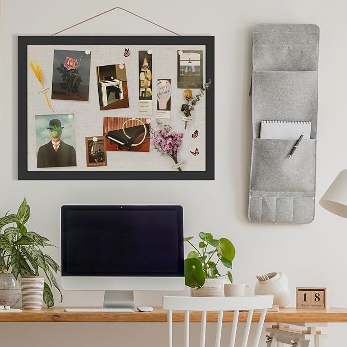 Cork Board Bulletin Board 16.7" x 11", 2-Pack Small Linen Corkboards with Frame for Walls, Cute Picture Display Pin Board Vision Board for Room School Office Bedroom 25 Pushpins Vintage Black