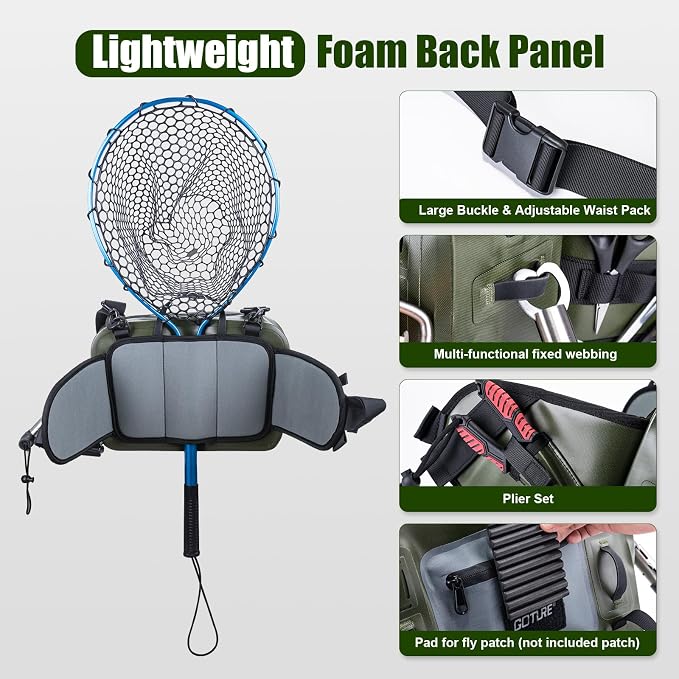 Goture Waterproof Fishing Waist Pack, IPX8 840D TPU Large Tackle Bag with Rod Holder, Airtight Zipper Closure, Fly Fishing Bag with Adjustable Waist Strap, Sling Fanny Pack with 30pcs Flies, Fly Box