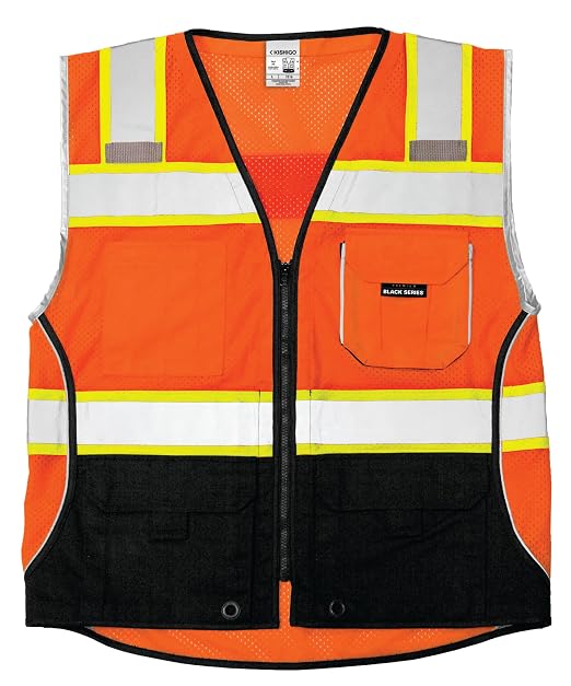 Kishigo Men's High Visibility Reflective Premium Black Series Black Bottom Vest 1516, Zipper Closure, Polyester, ANSI 107 Type R/Class 2, Construction, Utility, Waste Management (Orange, 4X)