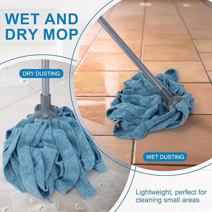 KeFanta Mops for Floor Cleaning,One Mop Handle with 2 Blue Microfiber Cloth Mops Head Replacement,String Wet Mop Refills Compatible with 0.8" Diameter Stick(1 Pole & 2 Heads)