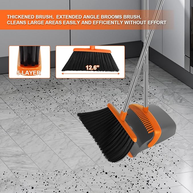 Broom and Dustpan Set, Large Broom with Dustpan Combo Set, 55" Long Handle Heavy Duty Industrial Dust pan Set for Classroom Lobby Home