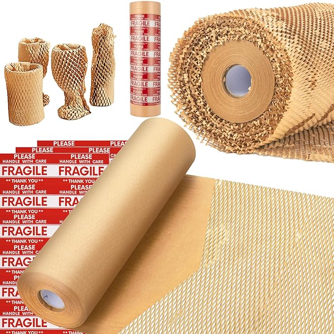 Honeycomb Packing Paper, MINHAO 15"x300' Eco Friendly Packing Paper for Moving Recyclable Honeycomb Paper Moving Supplies Bubble Paper Wrapping Protective Roll, With 36 Fragile Sticker Labels