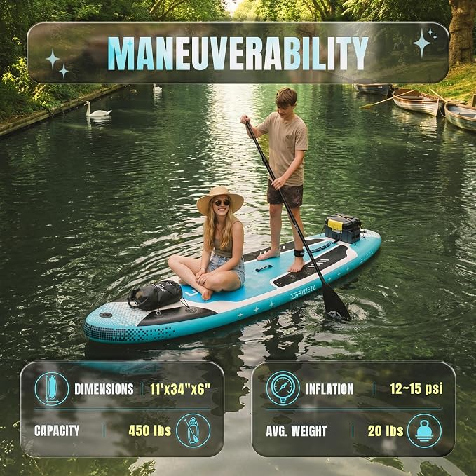 UPWELL 11’6”/11'2”/11'/10'8”/10'6”/10'2” Inflatable Stand Up Paddle Board with sup Accessories Including Backpack, Repairing Kits, Non-Slip Deck, Leash, 3 Fins, Paddle and Hand Pump