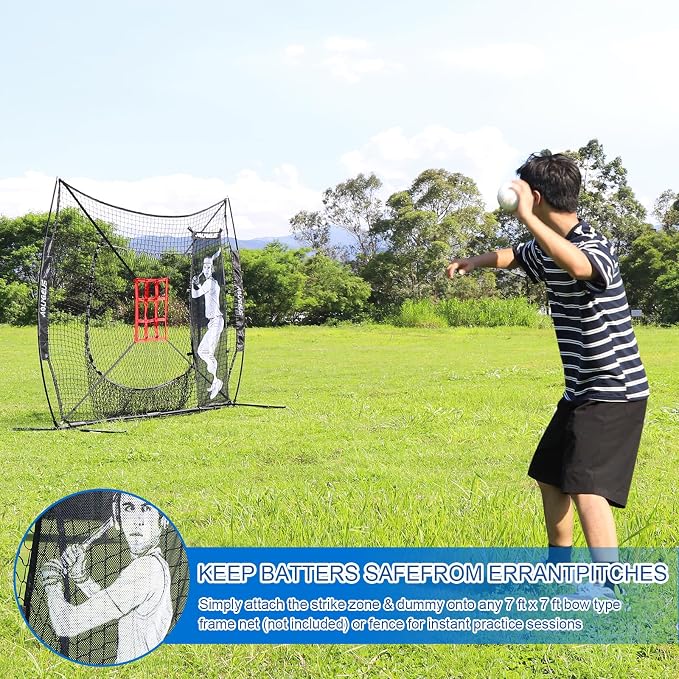 7'X7' Baseball Softball Practice Net,Pitching Net,Batting Net,with Baseball Tee,Bonus Strike Zone and Bow Frame,for Hitting,Pitching, Catching