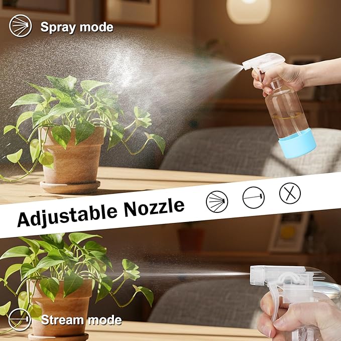 Glass Spray Bottles with Silicone Sleeve 16.9oz 2 Pack Empty Spray Bottle for Hair Mist/Stream Spraying for Cleaning Solutions, Plants, Essential Oils (clear-qblue&grey)