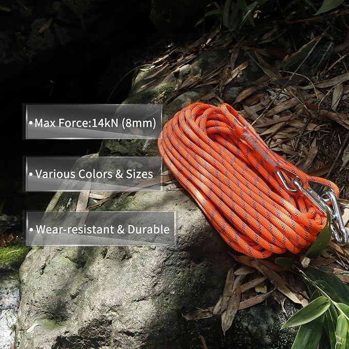 NewDoar 14KN Static Climbing Rope 8mm(5/16in) Accessory Cord Equipment 33FT(10M) 66FT(20M) 98FT(30M) 165FT(50M) Escape Rope with 2 Carabiners for Ice Climbing Equipment Fire Rescue Rope-Orange/20M