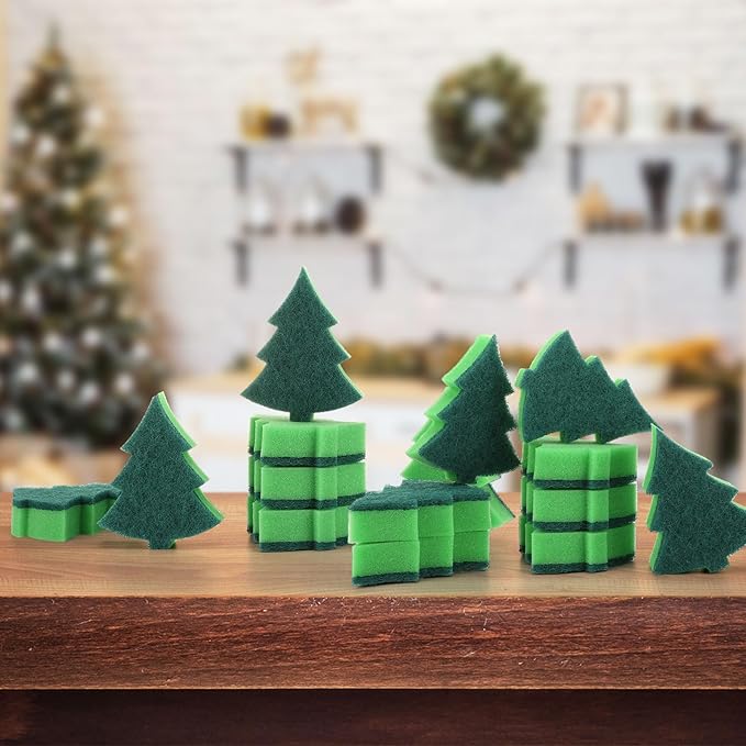Tioncy 12 Pack Christmas Tree Kitchen Sponges Bulk Dual Sided Scrubber Sponges Dishwashing Non Scratch for Kitchen Accessories Dish Scouring, Green