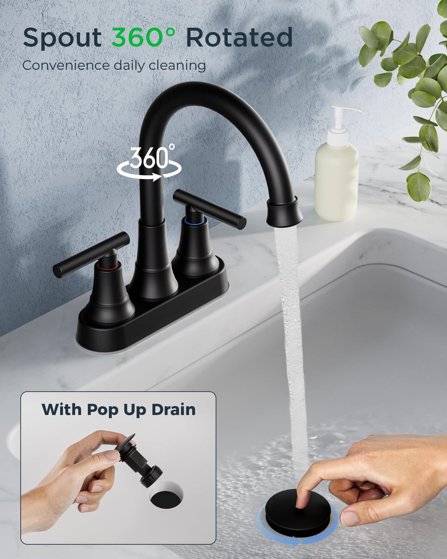 FORIOUS Matte Black Bathroom Faucets, 4 Inch Centerset Bathroom Sink Faucet 2 or 3 Hole with Pop up Drain and cUPC Hose, Two Handles Control, 360° spout for Restroom,Vanity, RV