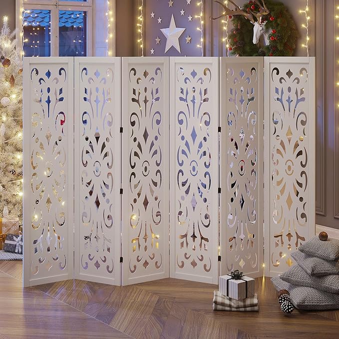 5.6Ft Room Divider Folding Wood Classical Carved Partition Screen for Home Office Garden - 6 Panels (White)
