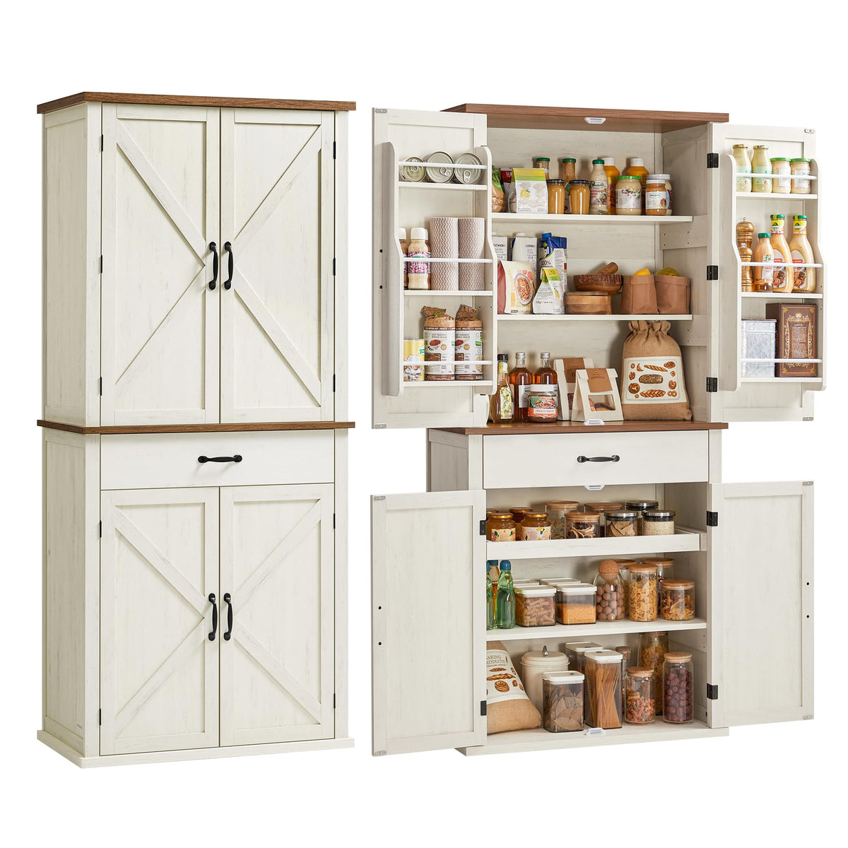 VASAGLE LIRY Collection - Pantry Cabinet, 70.3-Inch Tall Farmhouse Kitchen Storage Cabinet with Barn Doors, Drawer, Tray, Adjustable Shelves, for Kitchen, Dining Room, Rustic White UBBK364W01
