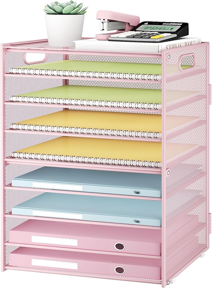 Subekyu 9 Tier Paper Letter File Tray Organizer for Desk, Pink Large Mesh Desk Folder Sorter Organizer with Handle, Include 6 Pcs Adjustable Height Slid Tray for Office Home School Supplies Storage