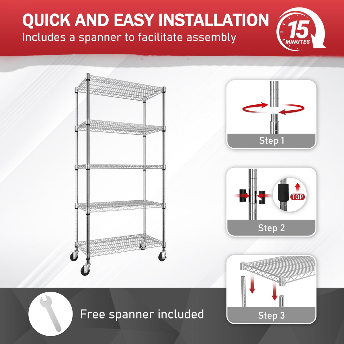 BlueWish 5-Tier Heavy Duty Steel Wire Shelving Unit with Wheels, Adjustable Storage Shelving Unit, 18" D x 36" W x 76" H NSF Certified Rolling Shelving for Kitchen Garage Basement Warehouse, Chrome