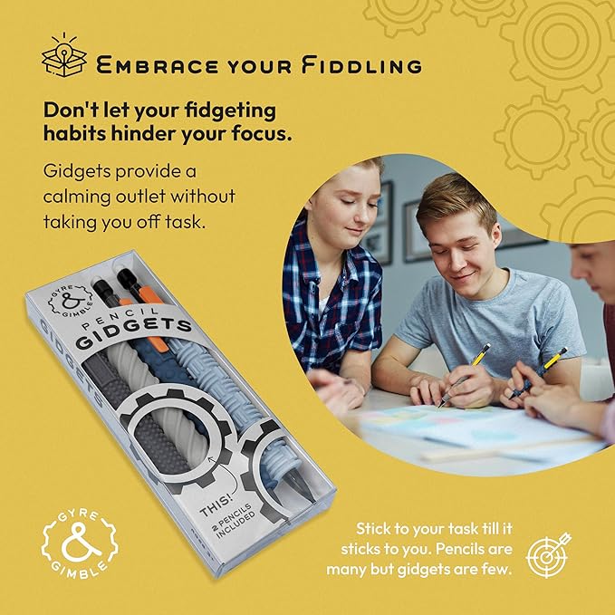 Gyre & Gimble Pencil Gidgets – Textured Silicone Pencil Sleeve for Quiet Fidgeting – Transform Your Mechanical Pencil into a Sensory ADHD Tool for Kids and Adults – 4 Sleeves & 2 Pencils - Gray