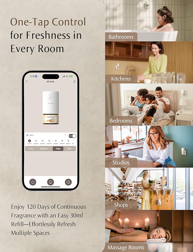 SF101S Smart Wi-Fi Waterless Ultrasonic Essential Oil Diffuser–100% Plant-Based,120-Day Natural Air Freshener & Aromatherapy scent Diffuser Covers 100㎡ for Home,Hotel-Lychee Rosewood