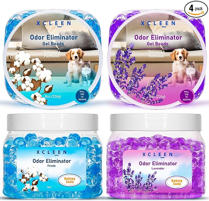 Odor Eliminator Gel Beads 4 Pack 32OZ, Air Freshener with Baking Soda, Long Lasting Odor Absorber for Home Bathroom Car and Pet Odor, Fresh&Lavender Scent