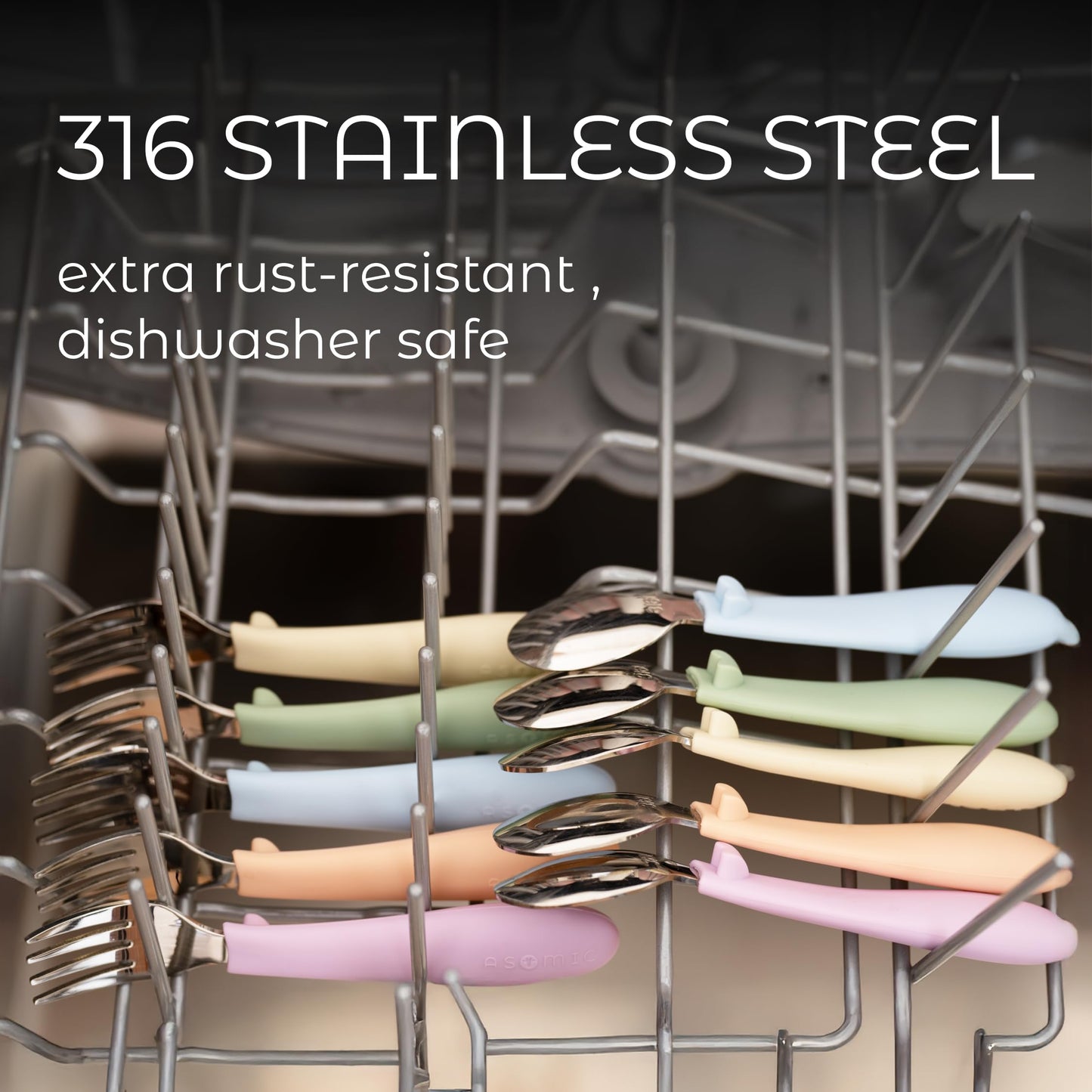 ASOMIC Toddler Utensils, 6-Piece Kids Silverware Set with Silicone Handles, 3 Forks & 3 Spoons, Premium 316 Stainless Steel, Dishwasher Safe (Pink/Lavender/Ivory)