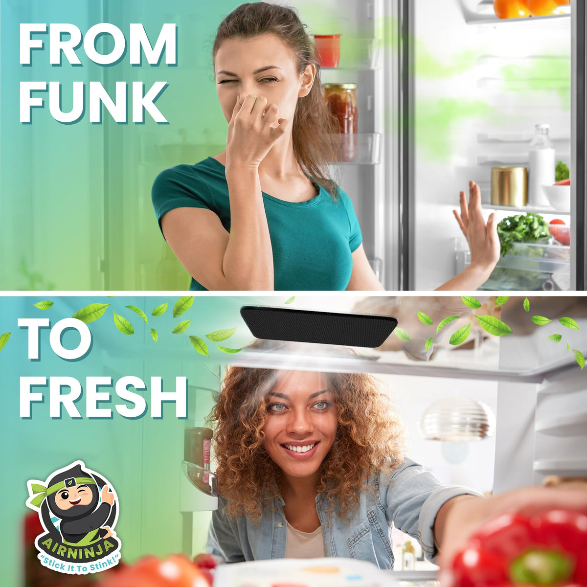 AIRNINJA Fridge Deodorizer - Natural Refrigerator Deodorizer Odor Eliminator - Beats Baking Soda and Bamboo Charcoal Air Purifying Bags - Activated Carbon Odor Absorber for Fridge & Freezer (2 pk)