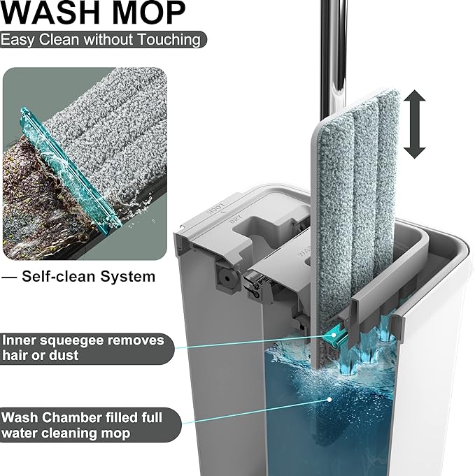Mop and Bucket with Wringer Set, Flat Floor Mop and Bucket, with 3 Microfiber Mops for Floor Cleaning, Wet and Dry Use for Household Cleaning - White
