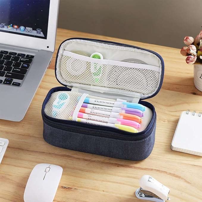 Big Pencil Case Large Capacity Pencil Bag with Zipper Pencil Pouch for Boys Girls Kids Adults Stationery Pencil Pen Case Organizer for School Office Blue