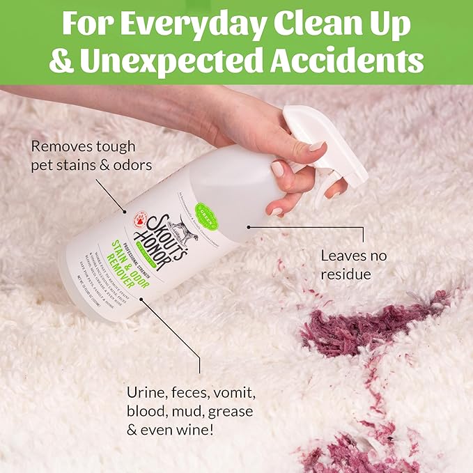 SKOUT'S HONOR Pet Stain and Odor Remover - Powerful Cleaner for Dog Urine, sweat, and other messes, Destroys and Removes Odor and Stain Molecules, Eco-Friendly Formula for Carpets and Home, 35oz