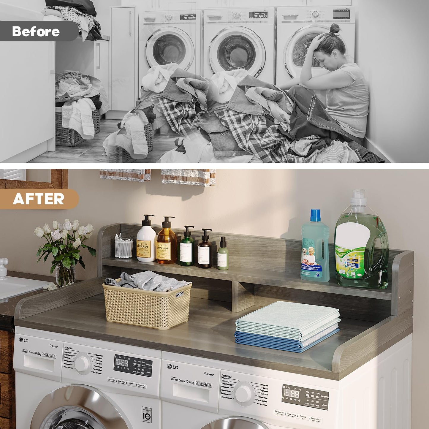 Corbyles 2-Tier Washer Dryer Countertop with 2.75"H Edge Rails, 54" W x 27.55" D Laundry Countertop for Folding Clothes, Washer and Dryer Topper with Non-Slip Pad (Stripe Gray)
