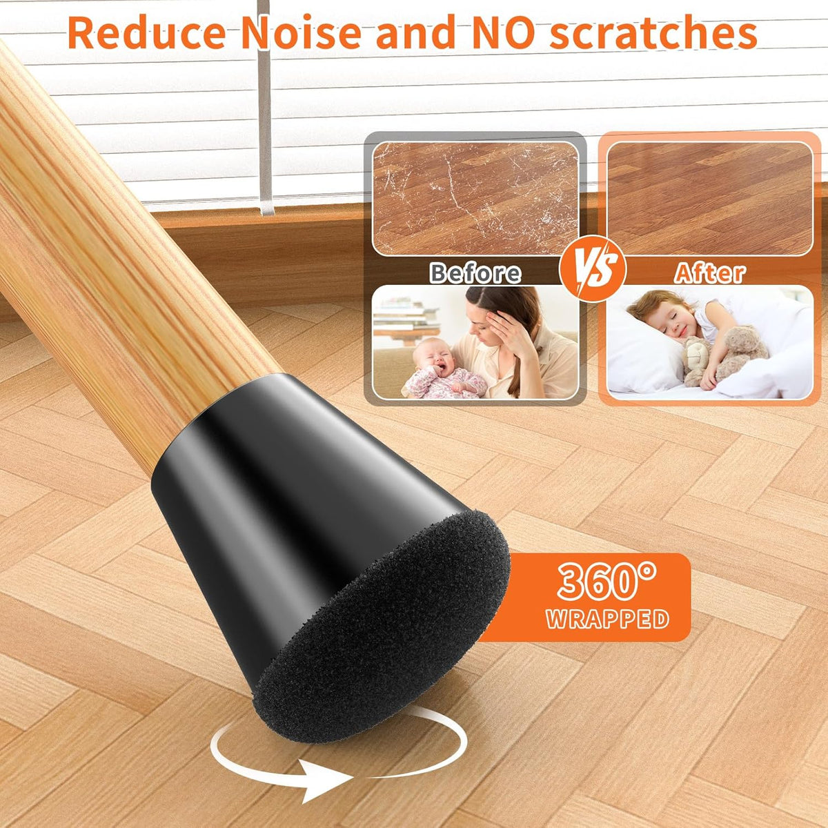 Chair Leg Floor Protectors Small 24Pcs,Silicone Chair Leg Protectors for Hardwood Floors/Tiles,360°Wrapped Felt Bottom to Prevent Scratch and Reduce Noise, Round Black