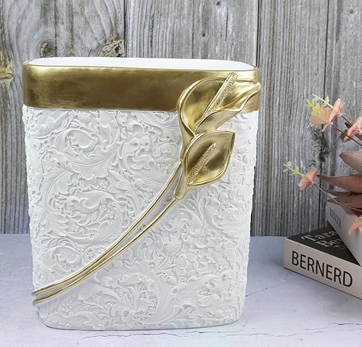 Hymmah Bathroom Trash Can 1.8 Gallon(7 Liter) Small Kitchen Garbage Can,Decor Wastebasket for Bedroom Office,Resin Hand-Carved Colla Lotus White&Gold
