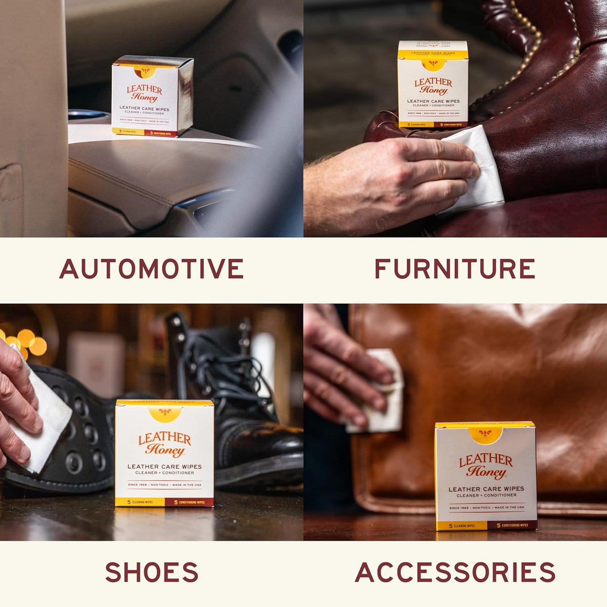 Leather Honey Leather Wipe Kit: Clean & Restore On-The-Go. For Any Color of Leather Couches, Car Seats, Purses, Shoes & Bags. Nontoxic, Ready-to-Use & Made in the USA. 5 Cleaner & 5 Conditioner Wipes