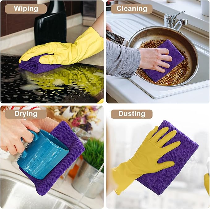 Kitinjoy 12 Pack Microfiber Cleaning Cloth(12 x 12 Inches, Purple), Ultra Soft and Absorbent Cleaning Rags, Reusable and Non-Linting dust Removal Cleaning Cloths for Car, House, Kitchen