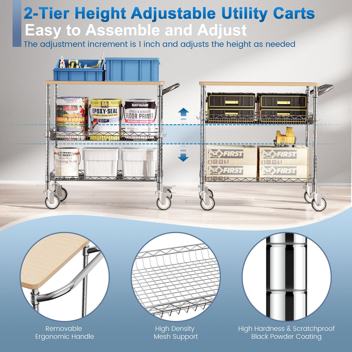 Leteuke Rolling Kitchen Carts with Wheels, 34" L x 17.5" W, 3-Tier Heavy Duty Utility Cart with Wood Tabletop, NSF Commercial Metal Serving Cart with Handle and Shelf Liner for Kitchen, Chrome