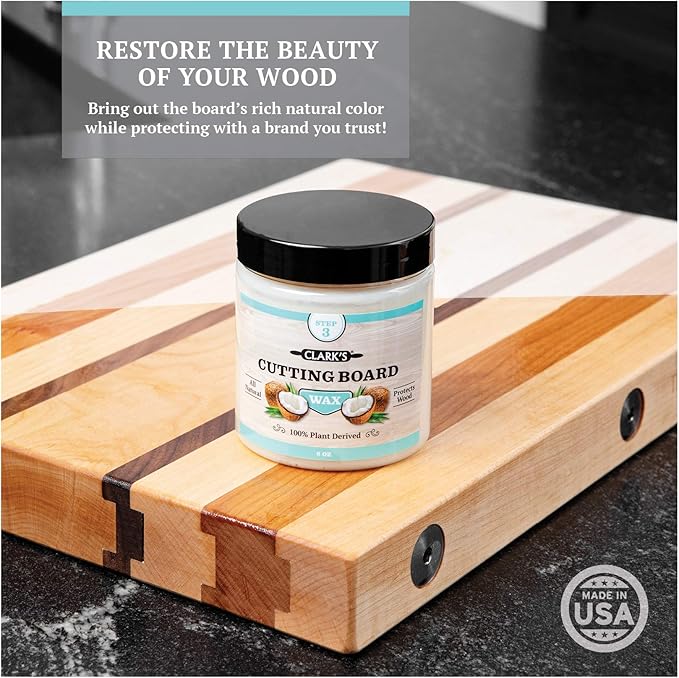 CLARK'S Cutting Board Care Kit with Coconut Oil - Includes Wax, Soap, Scrub Brush, Buffing Pad, and Applicator - for Kitchen Countertops, Butcher Blocks, Wooden Bowls and Utensils - Food Safe