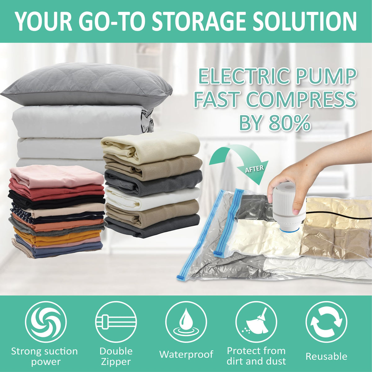 Cozy Essential 20 Pack Vacuum Storage Bags with Electric Pump, Vacuum Seal Space Saver Bags for Clothing, Pillows, Blanket, Bedding, Comforters