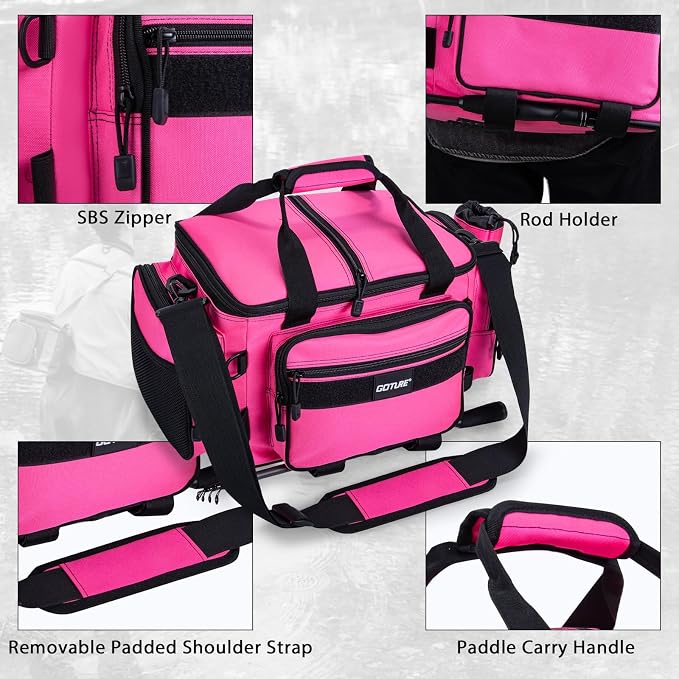Goture Fishing Tackle Bag,Store Up to 4PCS 3700 Tackle Boxes(Not Included),600D Soft Side Water-Resistant Saltwater Gear Storage Fishing Bag with Rod Straps,Detachable Water Bottle Pouch,SBS Zippers