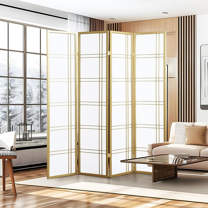 NicBex Room Divider 4 Panel Room Dividers with Paper-Looking Partition Room Dividers and Folding Privacy Screens Wall Divider for Home, Office, Room Separation,72" W x 1" D x 70" H, White+Gold