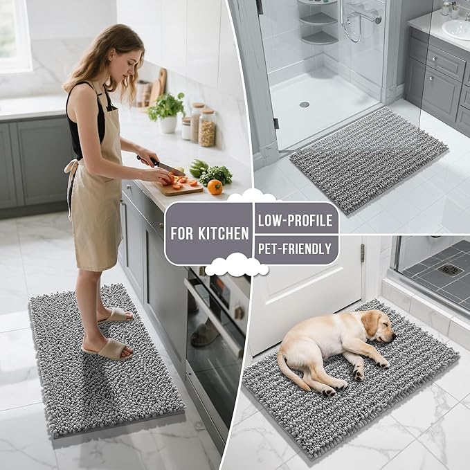 Yimobra Bathroom Rugs Non Slip Washable 24x17 Inch - Ultra Soft Absorbent Chenille Bath Mat, Quick Dry Shaggy Floor Carpet for Tub Shower, Gray Home Decor Accessories