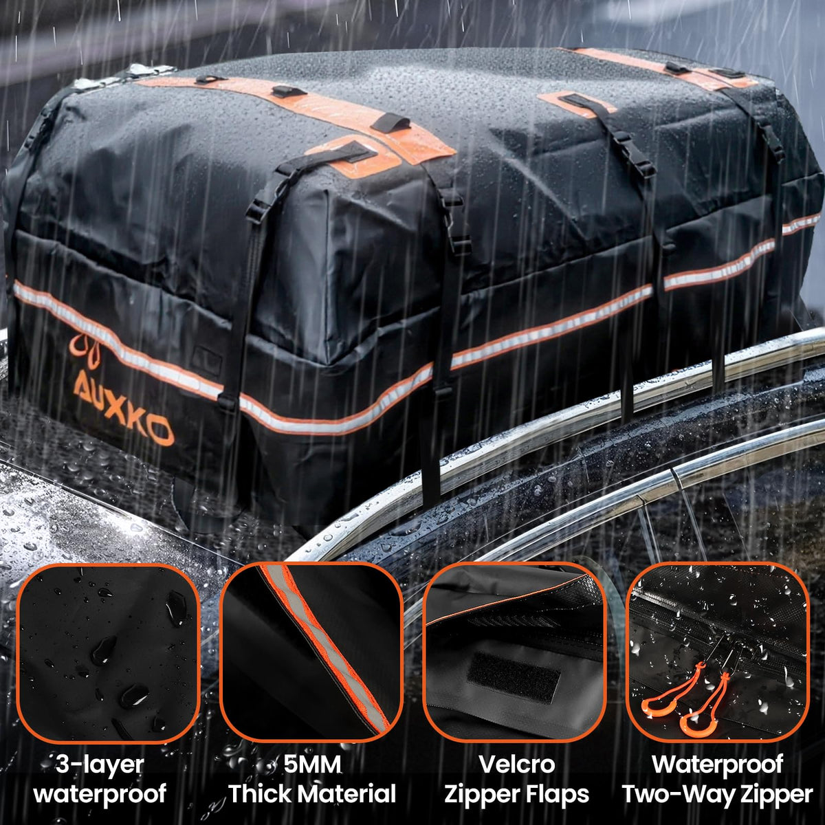 AUXKO 22 Cubic Ft Waterproof Rooftop Cargo Carrier Bag for All Vehicles with/Without Roof Rack, Soft Shell Car Roof Bag with Reflective Strip Includes Anti-Slip Mat, 6 Door Hooks & Combination Lock