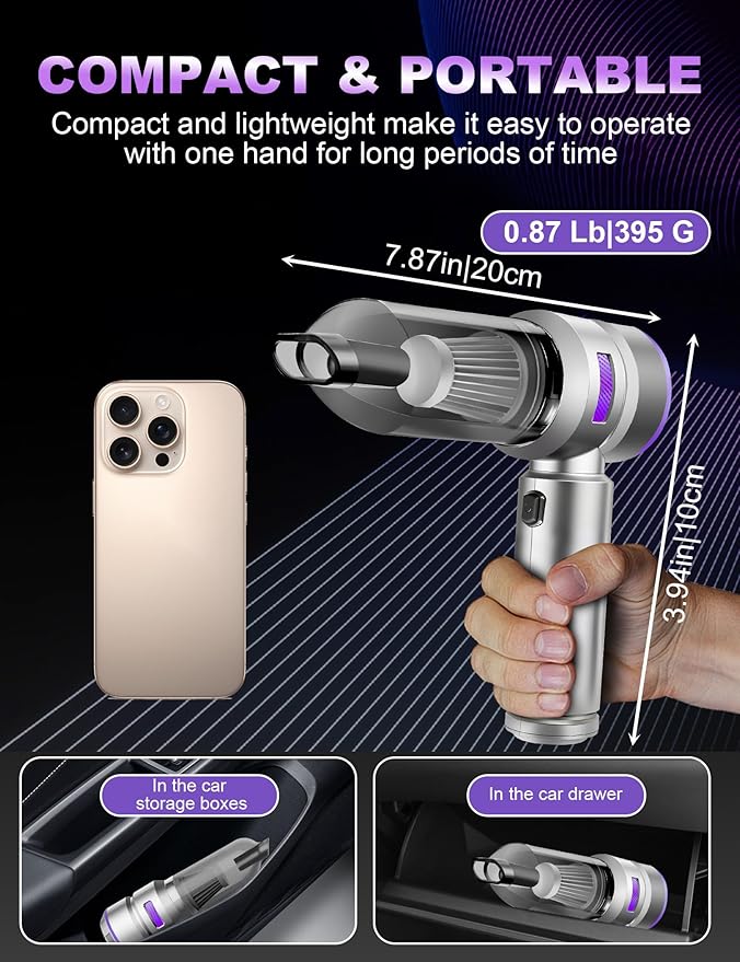 Handheld Car Vacuum Portable Cordless, 15000Pa High Power Handheld Vacuum with Brushless Motor, 4 in 1 Vacuum Cleaner Air Duster for Car Home Office Pet Hair Keyboard