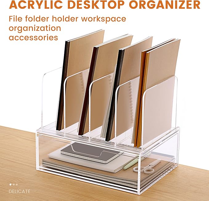 Desk Organizers and Accessories, Acrylic Desk Organizer with Drawer, Office Supplies Organization Storage, Clear Acrylic File Organizer for Desk - 1 Pack