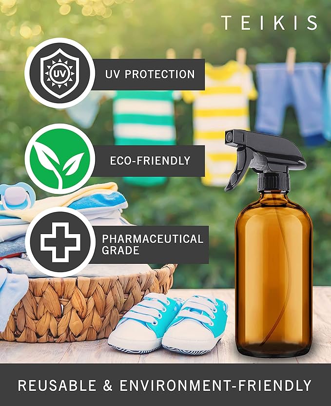 2 Pack Amber Glass Spray Bottles - 16 oz Mist & Stream Sprayer - Heavy Duty Brown Boston Round Bottle - Refillable Empty Containers for Essential Oils, Aromatherapy, Hair, Kitchen & Cleaning Solutions