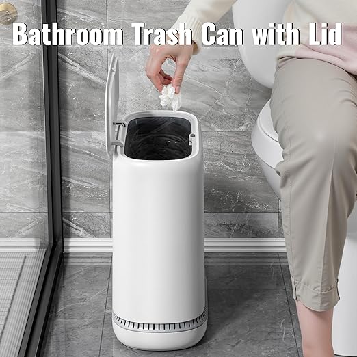 Spreezy Bathroom Trash Can with Lid, 2.3 Gallons / 8.6 L Small Waste Basket, Pneumatic Adhesion Style Garbage Can for Kitchen, Bedroom, Living Room, Office, Trash Bin Includes 5 Rolls of Trash Bags