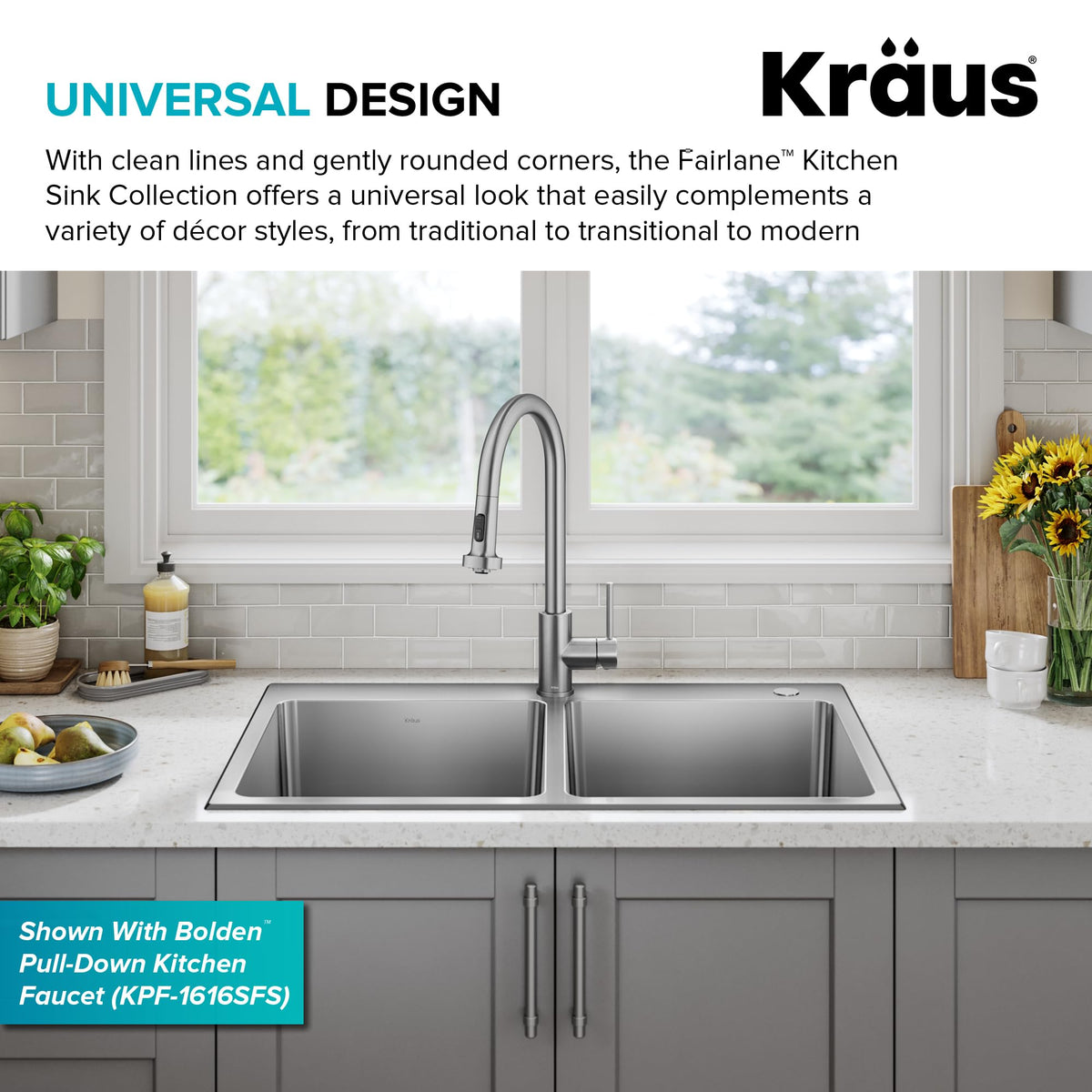 KRAUS Fairlane 33-inch Drop In/Top Mount Double Bowl 18-Gauge Stainless Steel Kitchen Sink, KHT632-33