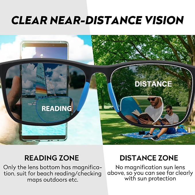 Missfive Premium Bifocal Reading Sunglasses Men Lightweight Sun Readers, UV Protection, TR90 Frame with Metal Spring Hinge Sports/Driving Glasses,2.0x